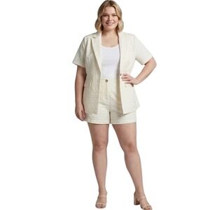 Cream Floral Textured Short Sleeve Blazer and Shorts Set Cream Two‎ Piece Suit